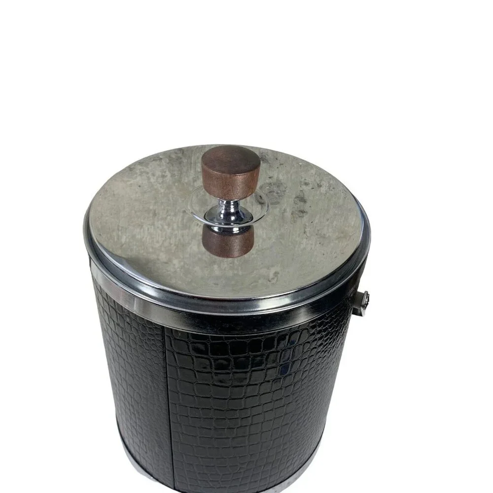 Vintage Ice Bucket Kromex Black Faux Alligator Wood Handle Chrome 9.5x8 MCM